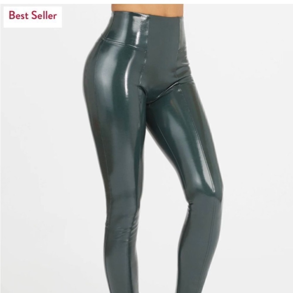Spanx Faux Patent Leather High-Waisted Leggings Green